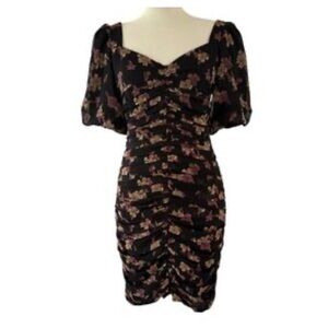 Floral Puff-Sleeve Black Dress - Elegant Ruched Mini - Open Edit- Nordstrom